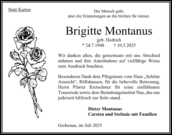 Traueranzeige von Brigitte Montanus von Oberhessische Zeitung