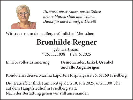 Traueranzeige von Bronhilde Regner von Wetterauer Zeitung