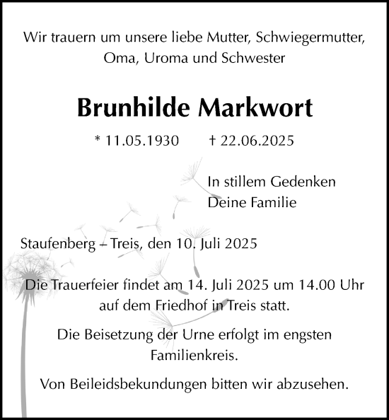 Traueranzeige von Brunhilde Markwort von Giessener Allgemeine, Alsfelder Allgemeine