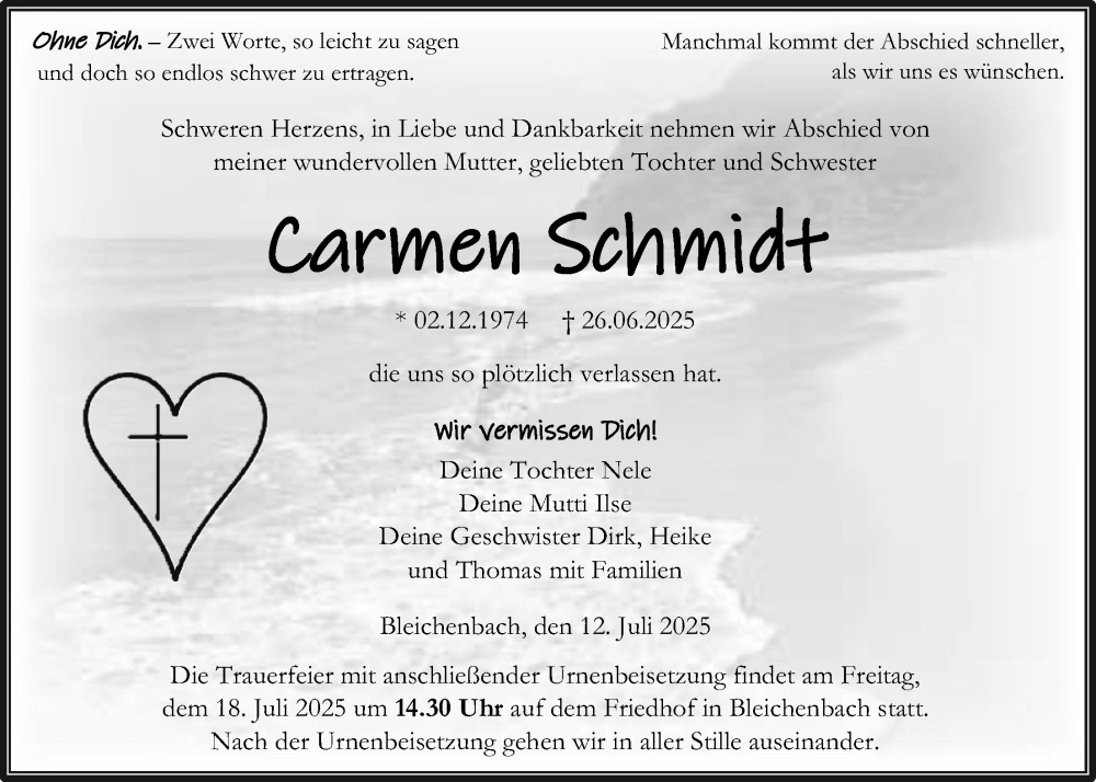  Traueranzeige für Carmen Schmidt vom 12.07.2025 aus Kreis-Anzeiger