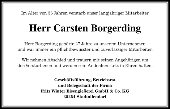 Traueranzeige von Carsten Borgerding von Oberhessische Zeitung