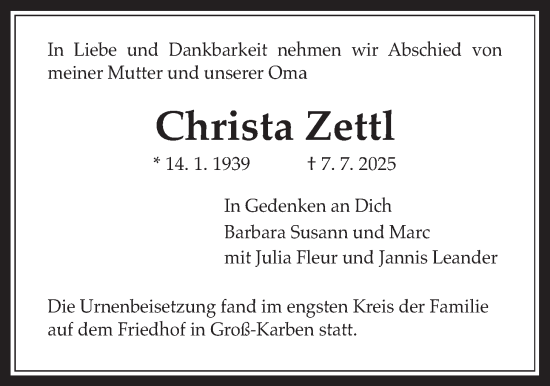 Traueranzeige von Christa Zettl von Bad Vilbel/Karben