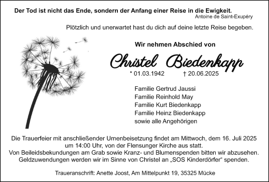 Traueranzeige von Christel Biedenkapp von Mücker Stimme
