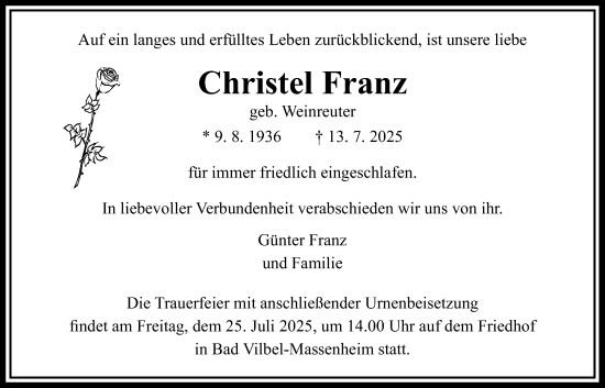 Traueranzeige von Christel Franz von Bad Vilbel/Karben