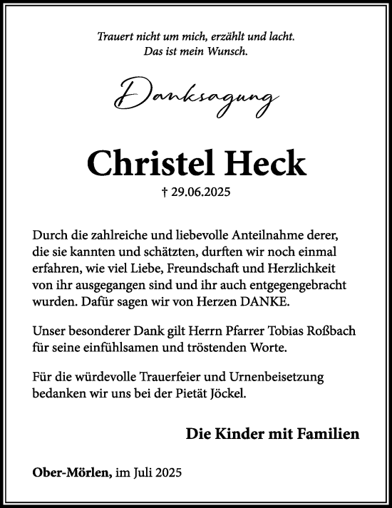 Traueranzeige von Christel Heck von Wetterauer Zeitung