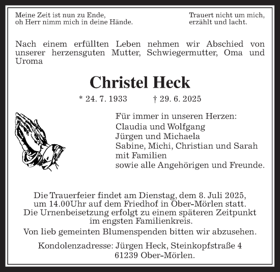 Traueranzeige von Christel Heck von Wetterauer Zeitung