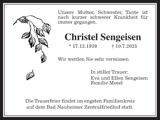 Traueranzeige von Christel Sengeisen von Wetterauer Zeitung