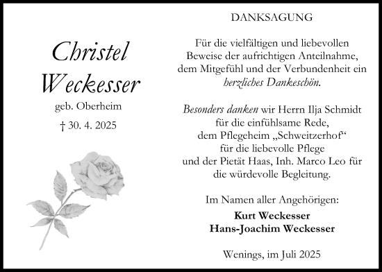Traueranzeige von Christel Weckesser von Kreis-Anzeiger
