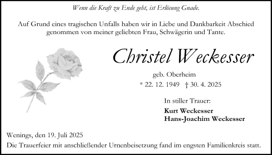 Traueranzeige von Christel Weckesser von Kreis-Anzeiger