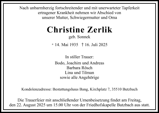 Traueranzeige von Christine Zerlik von Butzbacher Zeitung