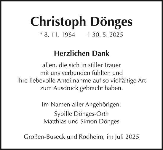 Traueranzeige von Christoph Dönges von Giessener Allgemeine, Alsfelder Allgemeine