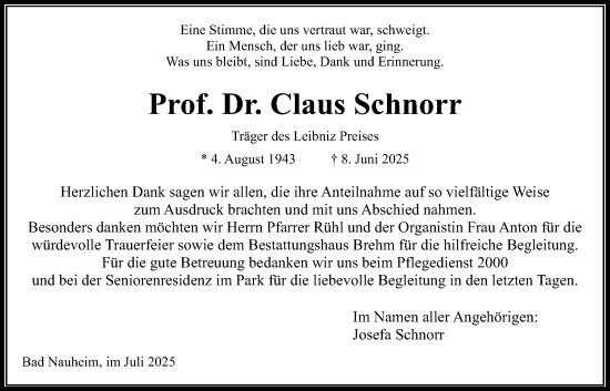 Traueranzeige von Claus Schnorr von Wetterauer Zeitung