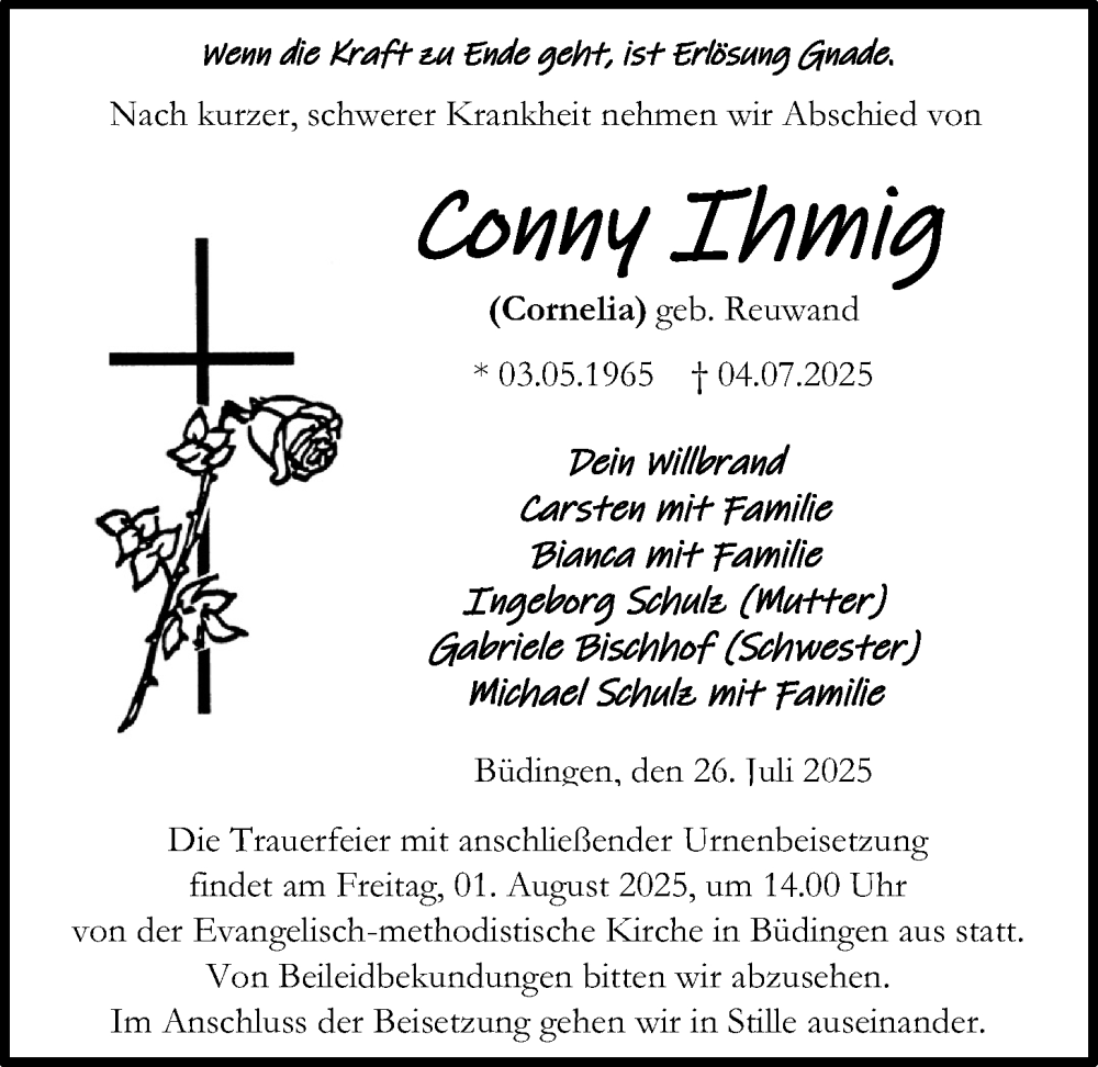 Traueranzeige für Conny Ihmig vom 26.07.2025 aus Kreis-Anzeiger