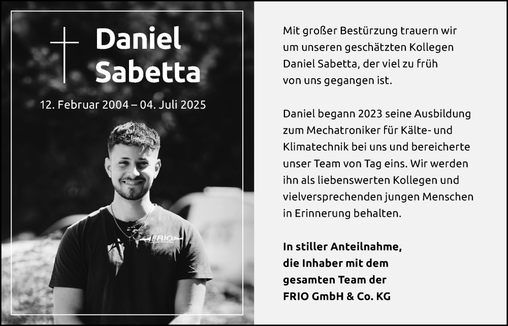  Traueranzeige für Daniel Sabetta vom 10.07.2025 aus Bad Vilbel/Karben