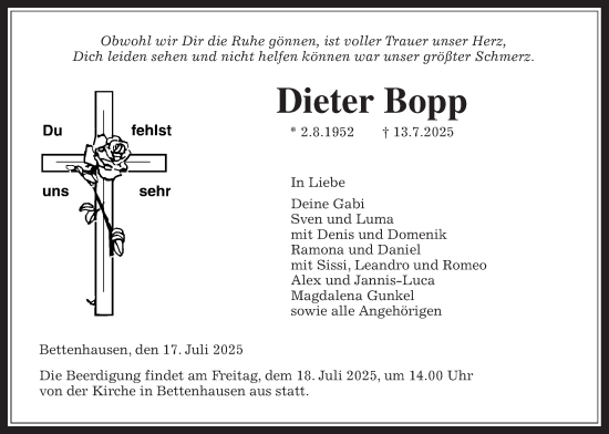 Traueranzeige von Dieter Bopp von Licher Wochenblatt