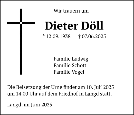 Traueranzeige von Dieter Döll von Licher Wochenblatt