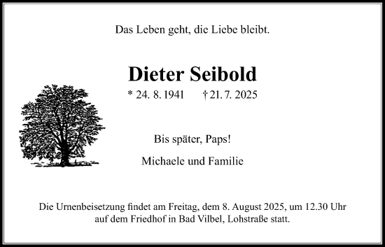 Traueranzeige von Dieter Seibold von Bad Vilbel/Karben