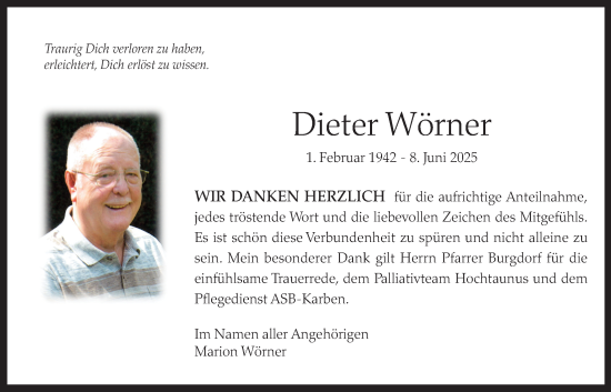 Traueranzeige von Dieter Wörner von Bad Vilbel/Karben