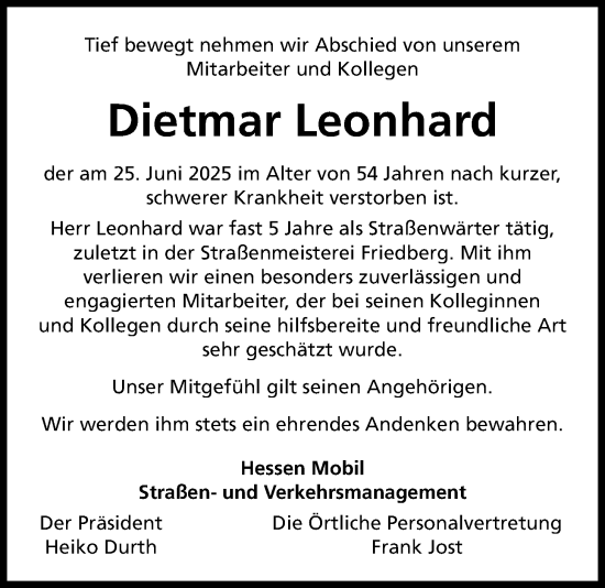 Traueranzeige von Dietmar Leonhard von Wetterauer Zeitung