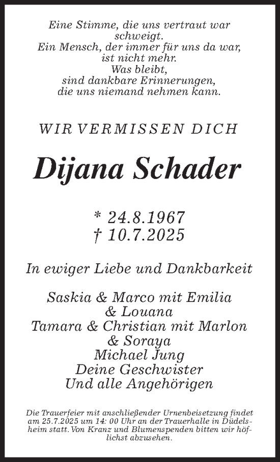 Traueranzeige von Dijana Schader von Kreis-Anzeiger
