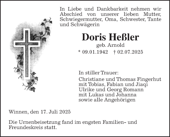Traueranzeige von Doris Heßler von Giessener Allgemeine, Alsfelder Allgemeine