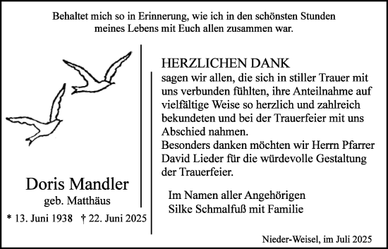Traueranzeige von Doris Mandler von Butzbacher Zeitung