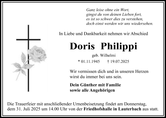 Traueranzeige von Doris Philippi von Lauterbacher Anzeiger, Lauterbacher Anzeiger, Lauterbacher Anzeiger