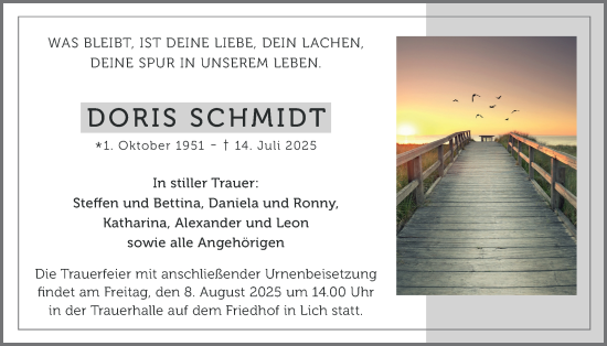 Traueranzeige von Doris Schmidt von Licher Wochenblatt