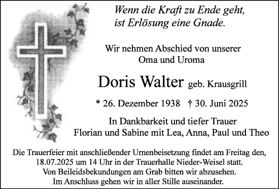 Traueranzeige von Doris Walter von Butzbacher Zeitung