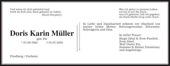 Traueranzeige von Doris Karin Müller von Wetterauer Zeitung