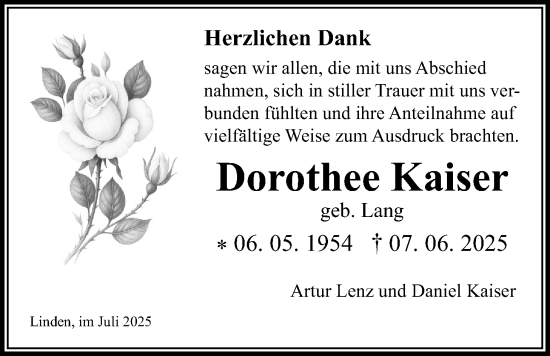 Traueranzeige von Dorothee Kaiser von Giessener Allgemeine, Alsfelder Allgemeine, Giessener Anzeiger