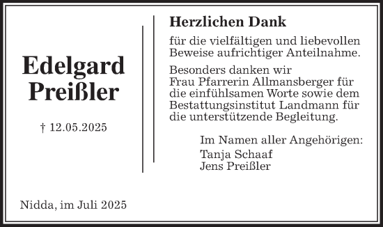 Traueranzeige von Edelgard Preißler von Kreis-Anzeiger