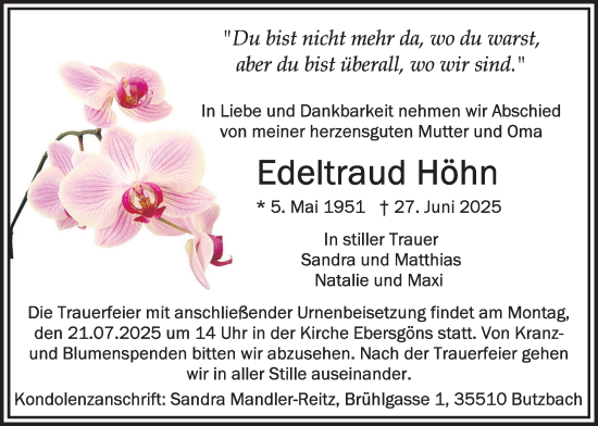Traueranzeige von Edeltraud Höhn von Butzbacher Zeitung