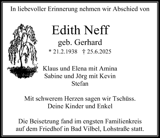 Traueranzeige von Edith Neff von Bad Vilbel/Karben