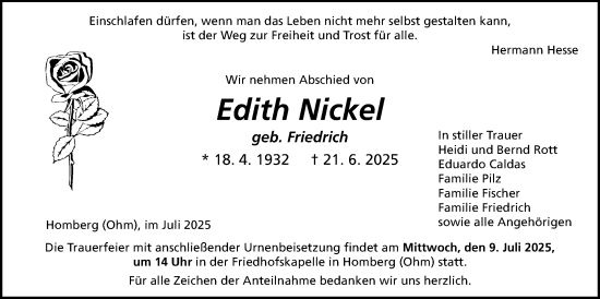 Traueranzeige von Edith Nickel von Oberhessische Zeitung, Alsfelder Allgemeine