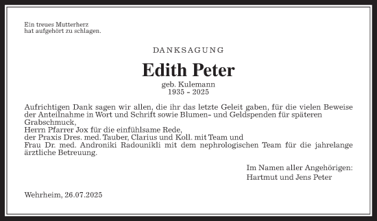 Traueranzeige von Edith Peter von Usinger Anzeiger