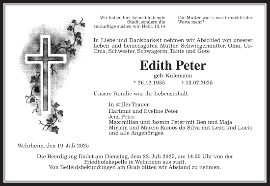 Traueranzeige von Edith Peter von Usinger Anzeiger