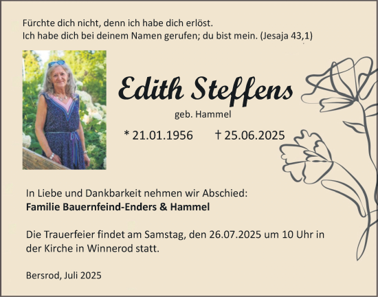 Traueranzeige von Edith Steffens von Giessener Anzeiger, Giessener Allgemeine, Alsfelder Allgemeine