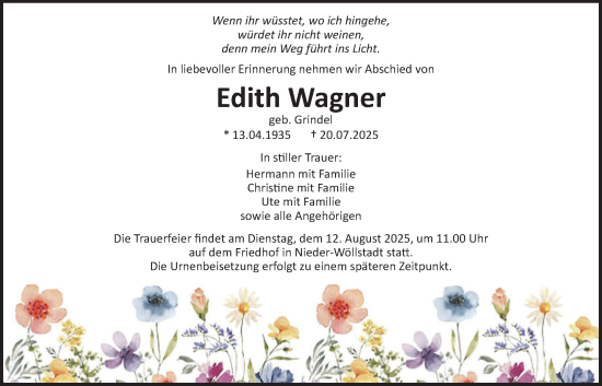 Traueranzeige von Edith Wagner von Wetterauer Zeitung