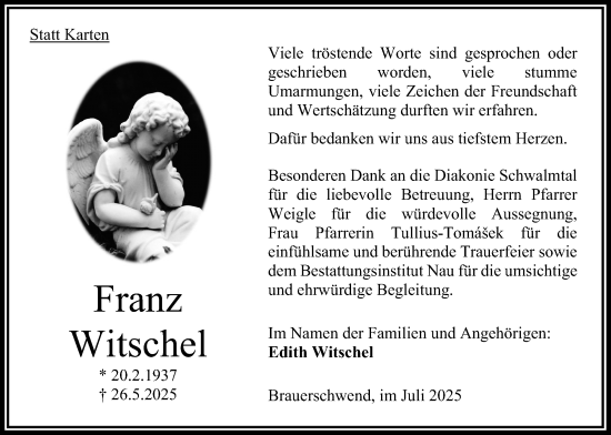 Traueranzeige von Edith Witschel von Oberhessische Zeitung