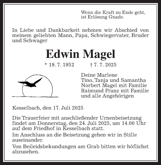 Traueranzeige von Edwin Magel von Rabenauer Zeitung