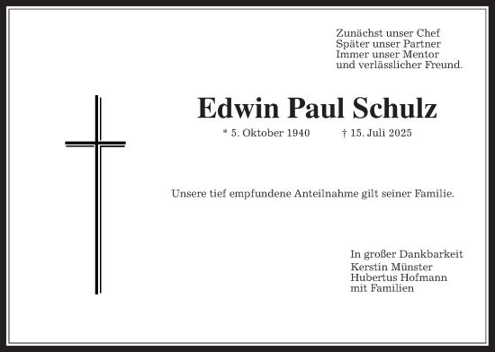 Traueranzeige von Edwin Paul Schulz von Wetterauer Zeitung