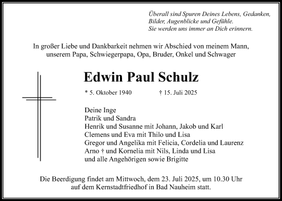 Traueranzeige von Edwin Paul Schulz von Wetterauer Zeitung