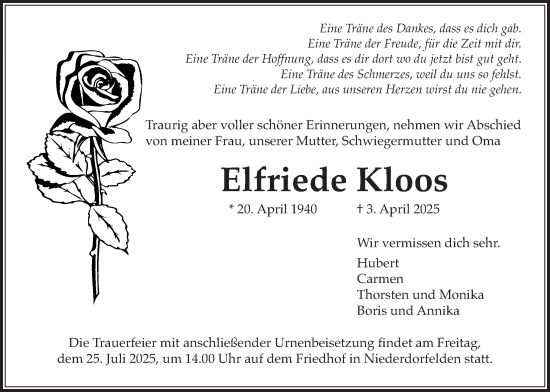 Traueranzeige von Elfriede Kloos von Bad Vilbel/Karben