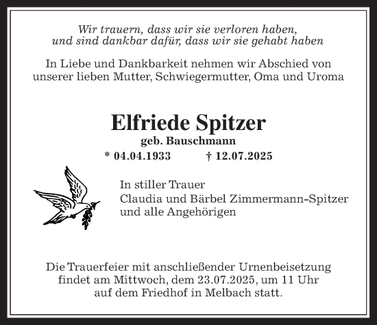 Traueranzeige von Elfriede Spitzer von Wetterauer Zeitung