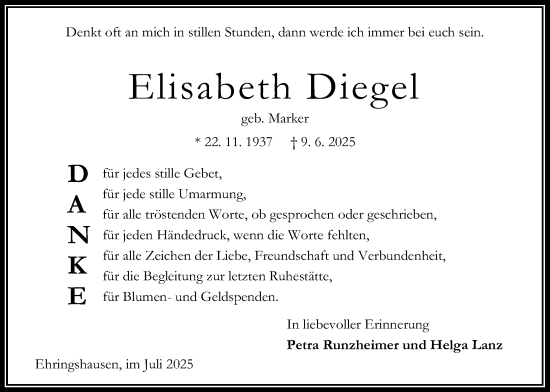 Traueranzeige von Elisabeth Diegel von Oberhessische Zeitung