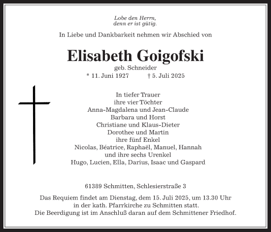 Traueranzeige von Elisabeth Goigofski von Usinger Anzeiger