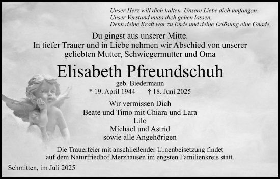 Traueranzeige von Elisabeth Pfreundschuh von Usinger Anzeigenblatt