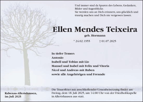 Traueranzeige von Ellen Mendes Teixeira von Giessener Anzeiger, Giessener Allgemeine, Alsfelder Allgemeine