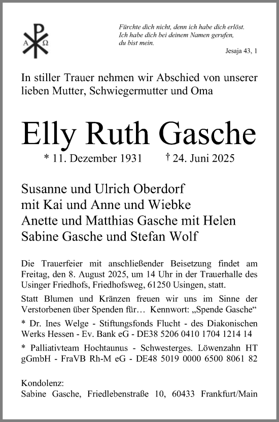 Traueranzeige von Elly Ruth Gasche von Usinger Anzeigenblatt